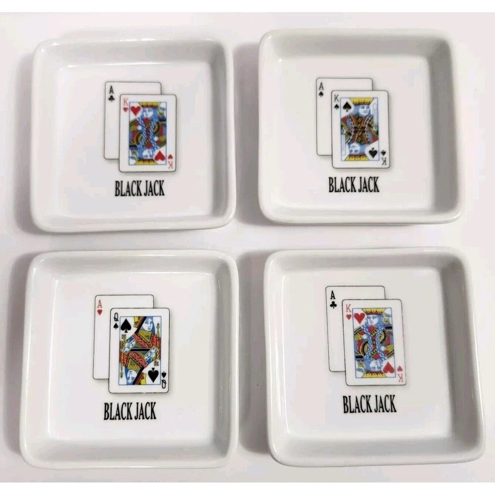 Set 4 Bella Casa By Ganz Black Jack Cards Ceramic Trinket Snack Dish Ashtray